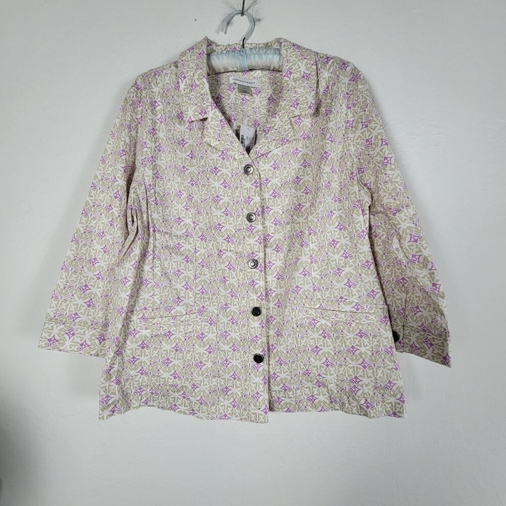Christopher & Banks Womens XL Button-Up Blouse Shirt Purple & Beige Pattern New